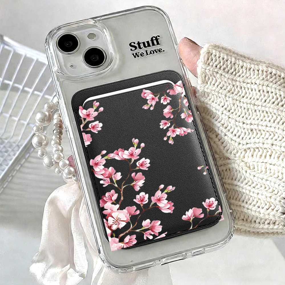 Kirschblüten-Leder-Kartenetui Handy-Kartenhalter Magnetische Hülle Geeignet für alle iPhone Magsafe-Karten-Handy-Rückseiten-Taschen – Detail 13