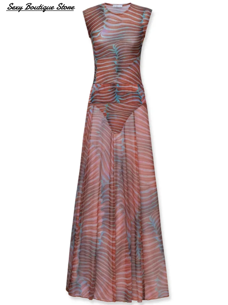 Sexy Boutique See Through Maxi Dress Sets 2 Pieces Printed Slim Fit Top Jumpsuit A Line Long Skirt 2025 Women Top Skirts Outfits