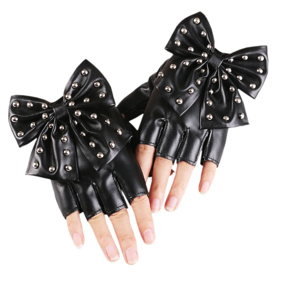 Fashion Hip-hop Imitation Leather Rivet Ladies Half-finger Bow Gloves Nightclub Bar Show Pole Dance Show Dancing Jumpy Gloves