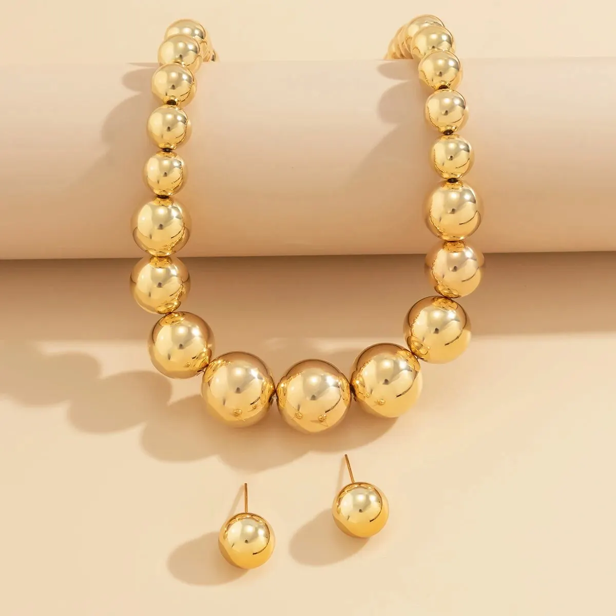 2Pcs Exaggerated Gold Color Big Beads Necklace Stud Earrings for Women Luxury Punk CCB Choker Jewelry Set Party Club Accessories