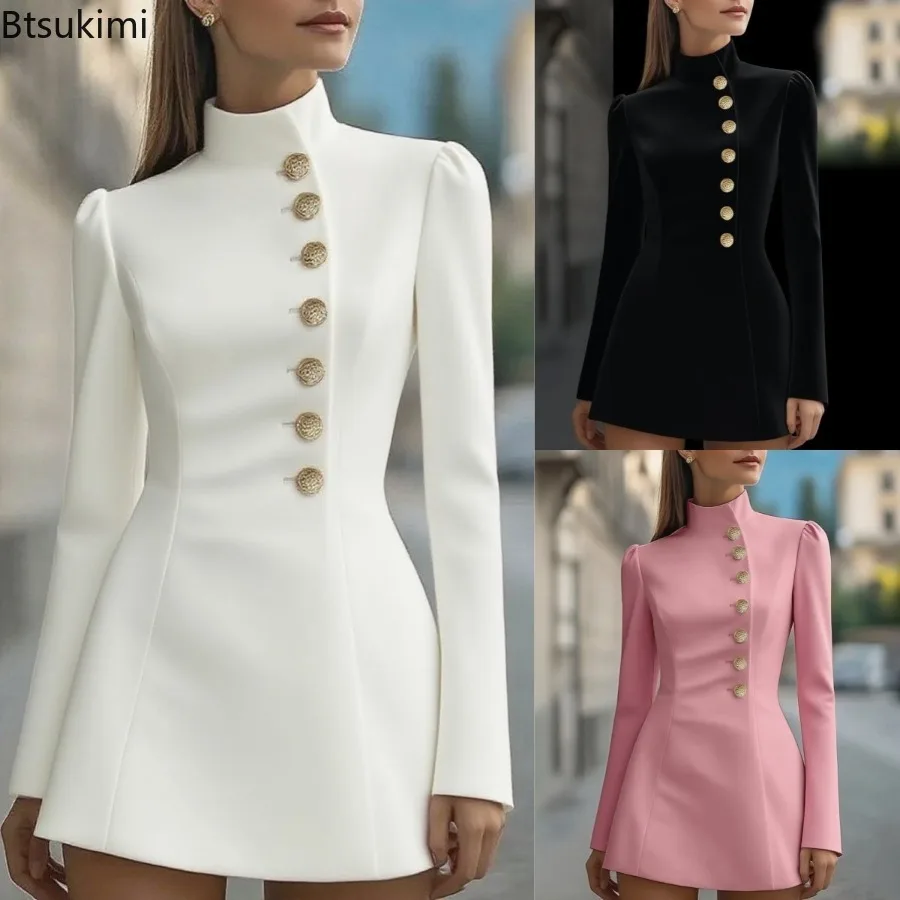 المرأة الخريف الوقوف طوق ركاب السترة فستان قصير واحدة الصدر الصلبة طويلة الأكمام ضئيلة ملابس العمل غير رسمية حفلة تاريخ ليلة #1