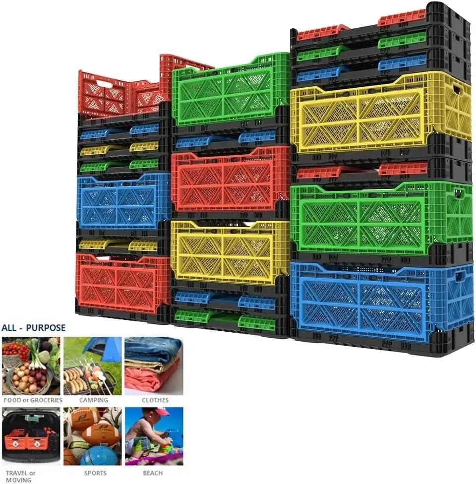 Heavy Duty Collapsible & Stackable Plastic Milk Crate - Snap Lock Foldable Industrial Garage Storage Bin Container Utility Tote