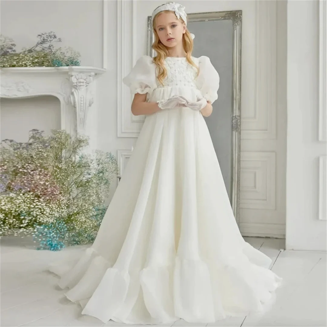 Flower Girls Dresses Vintage Ivory Puffy Appliques Short Sleeve For Wedding First Communion Gowns Infant Christening Gowns