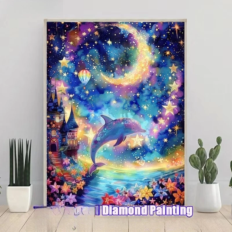 Mond-Delfin Vollkristall-Diamant-Mosaik-Stickerei Tier-Kreuzstich 5D DIY Diamantmalerei-Set für Heimdekoration Geschenkset