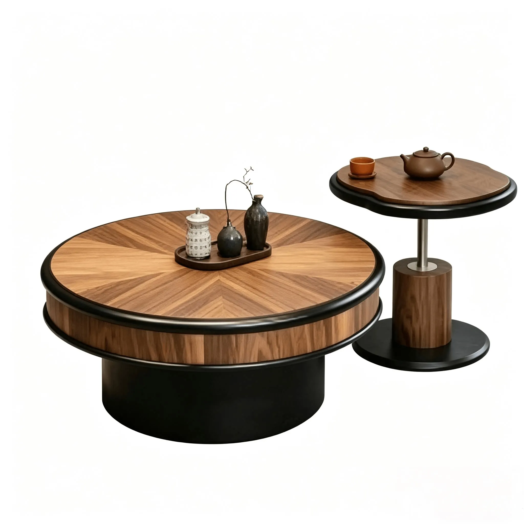 #Medieval Solid Wood Inlaid Floral Coffee Table Set High-low Metal Base No Assembly Required Unique Living Room Sofa Small