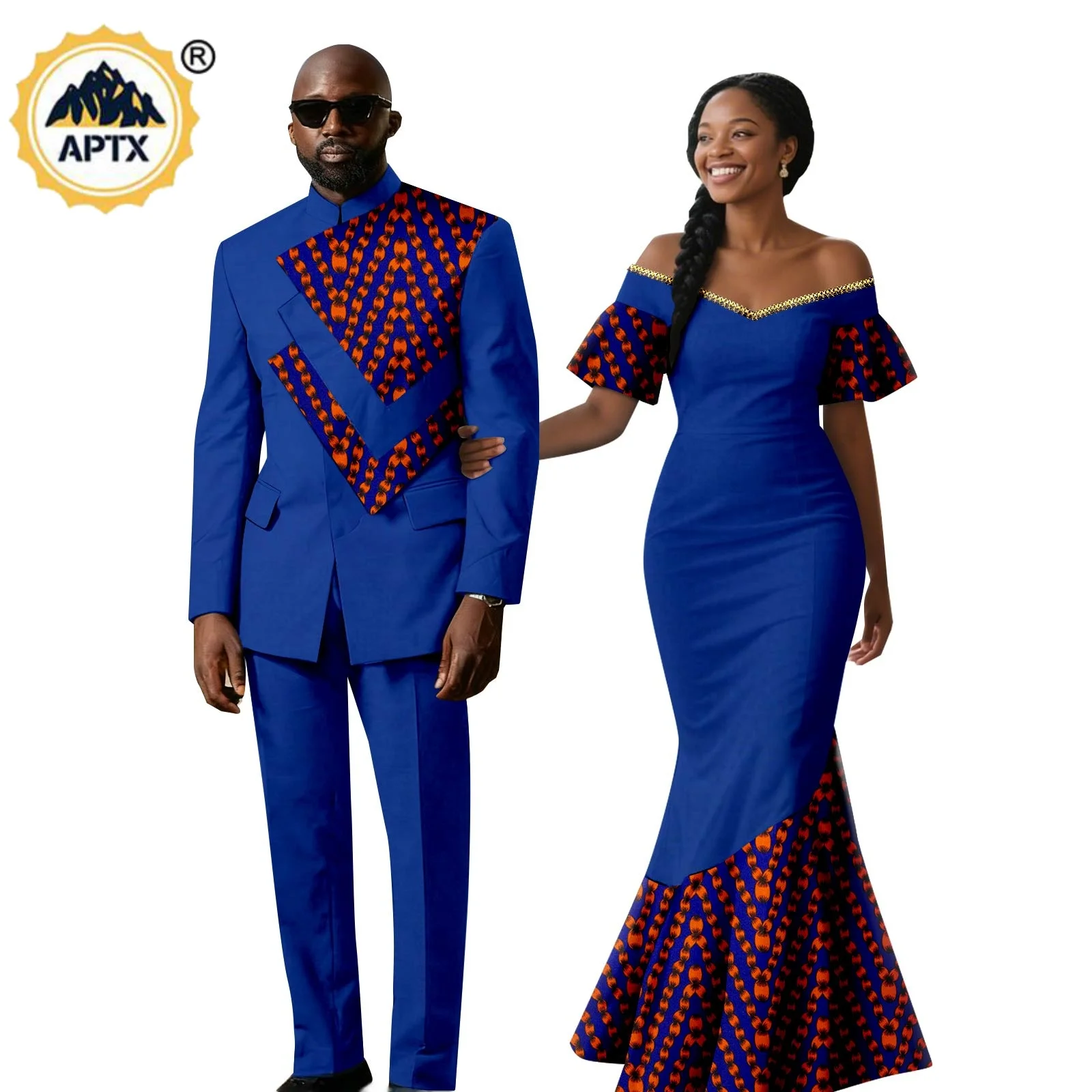 African Beading Print Mermaid Dresses for Women Matching Couple Outfits Dashiki Formal Men Top Jacket and Pant Sets 26C002