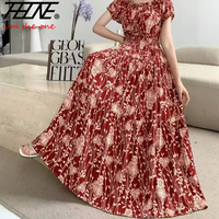 THHONE Vestidos Robe Maxi Long Dress Women Summer Indian Clothes Bohemian Cotton Linen Floral Short Sleeve Korean Style Casual