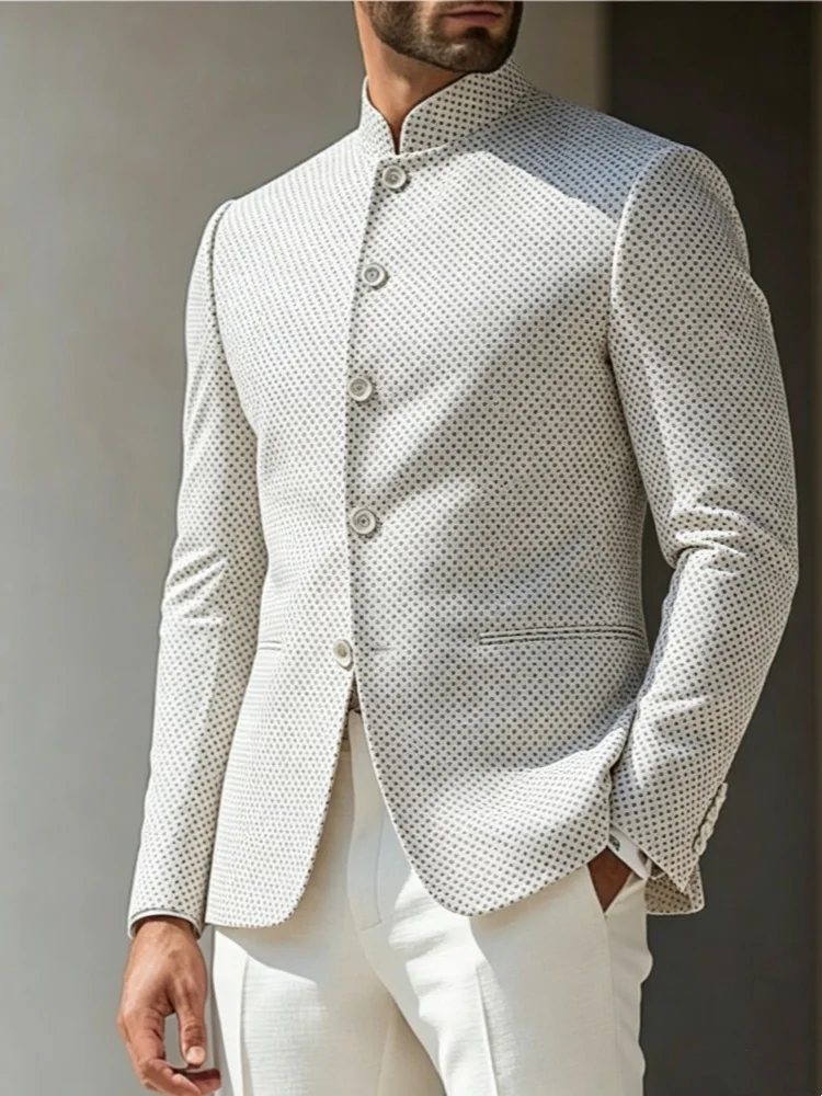 Mens Mandarin Collar Slim Fit Jacket Subtle Micro Check Pattern Lightweight Party Wear Blazer
