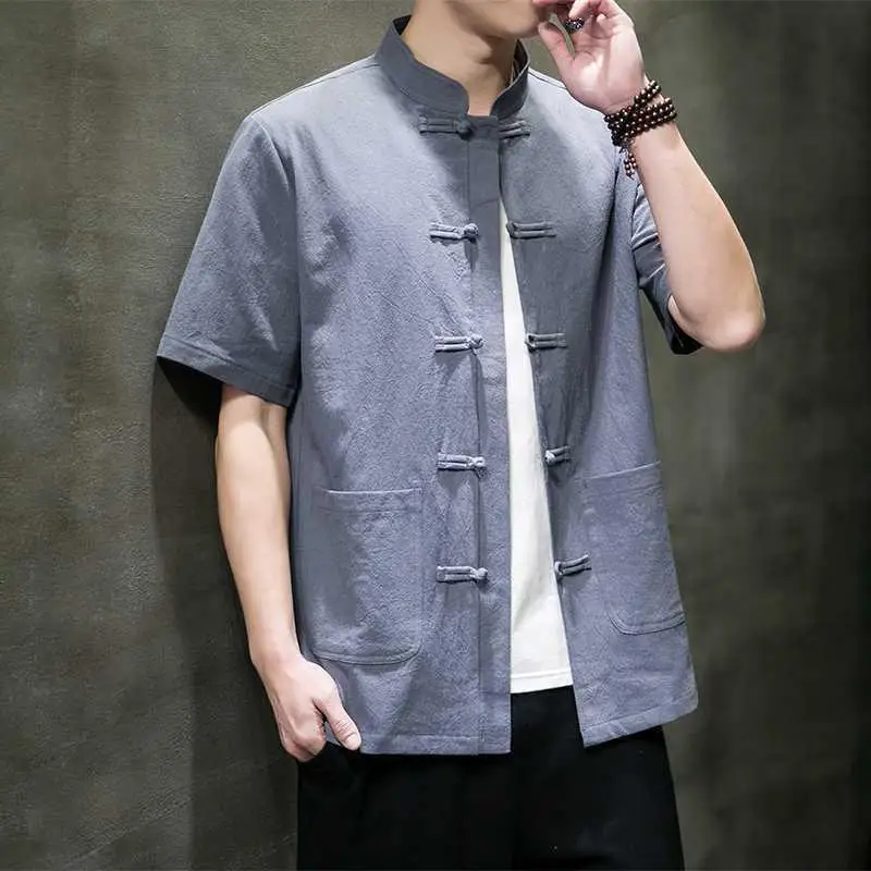 Men's Chinese Style Linen Shirt Short Sleeve Manin Collar Frog Button Casual Top