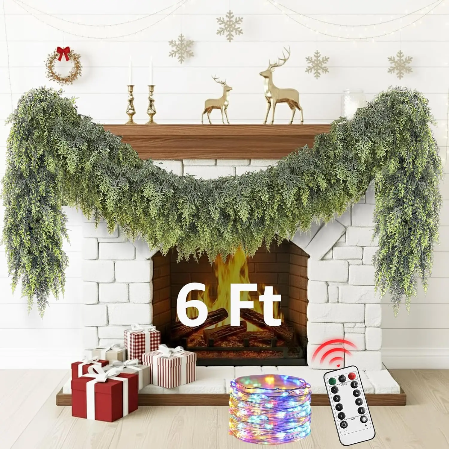 

6ft Cedar Christmas Garland with Lights, Realistic Faux Pine Pre-lit for Indoor/Outdoor Mantle, Stairs & Door Decor