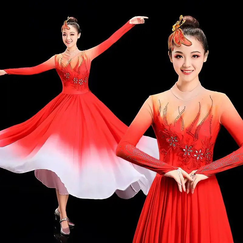 Red Long Sleeve Opening Dance Dress Large Swing Skirt Festival Performance Clothing Elegant New Year Dance Party
