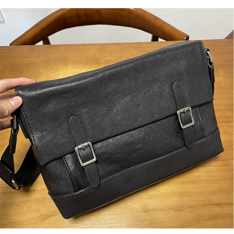 

casual luxury first layer cowhide men's black messenger bag outdoor daily work handmade genuine leather commuter shoulder bag