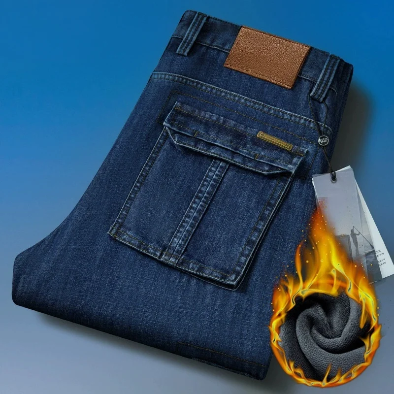Fleece Thicken Warm Winter Denim Jeans Men Casual Straight Mens Cargo Jenas Pants Blue Black Mulit Pockets Size 29-40 42 44