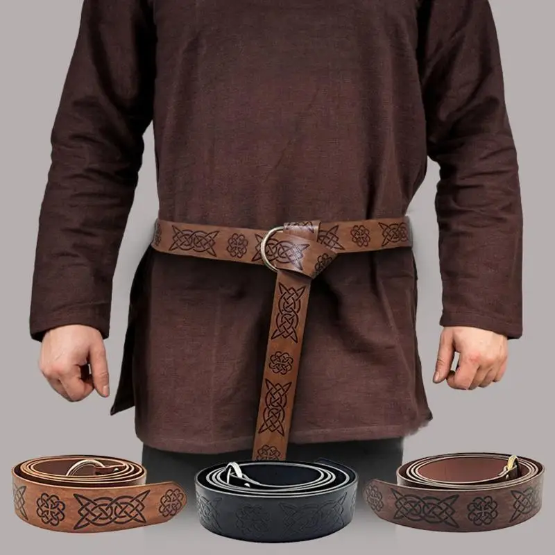 

652F Retro Leather Belt Medieval Embossed Viking Vegvisir PU Leather O Ring Belt