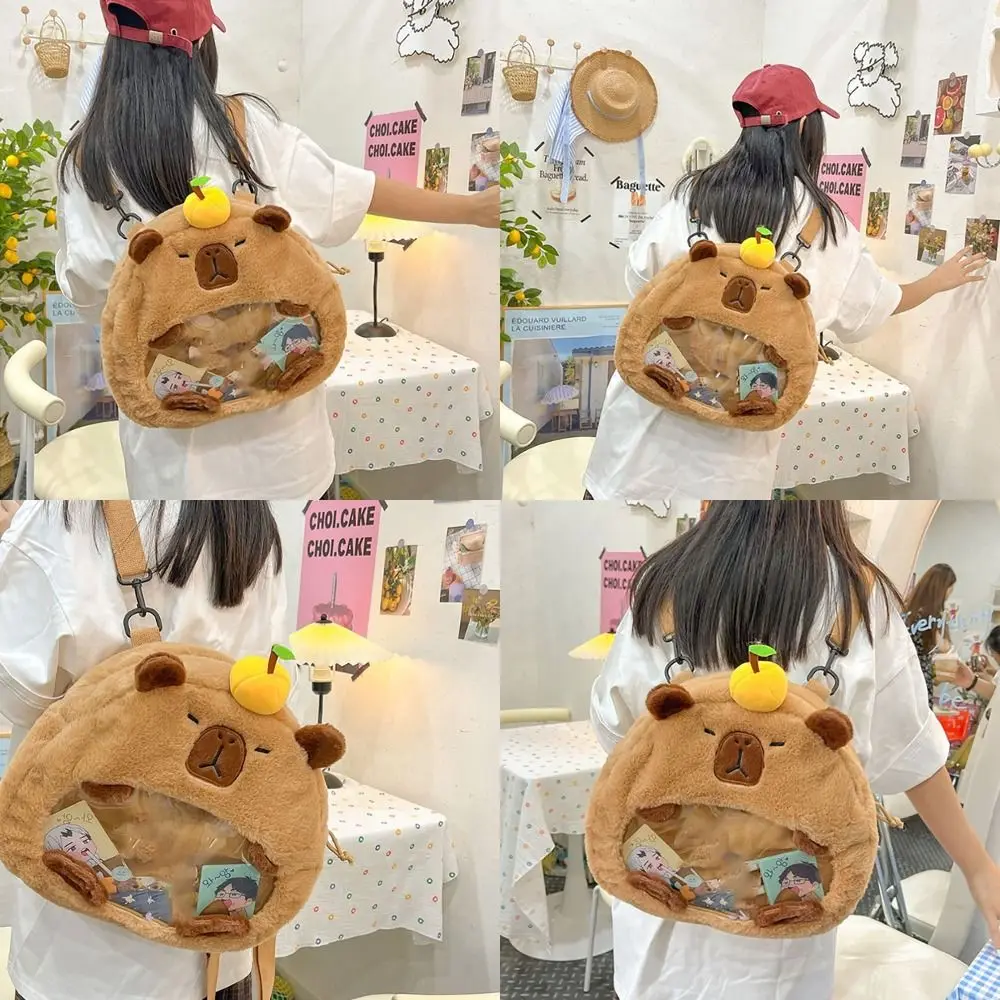 

Casual Orange Capybara Shoulders Bag Multifunctional Large Capacity Fluffy Handbags Cartoon Plush Backpack Winter