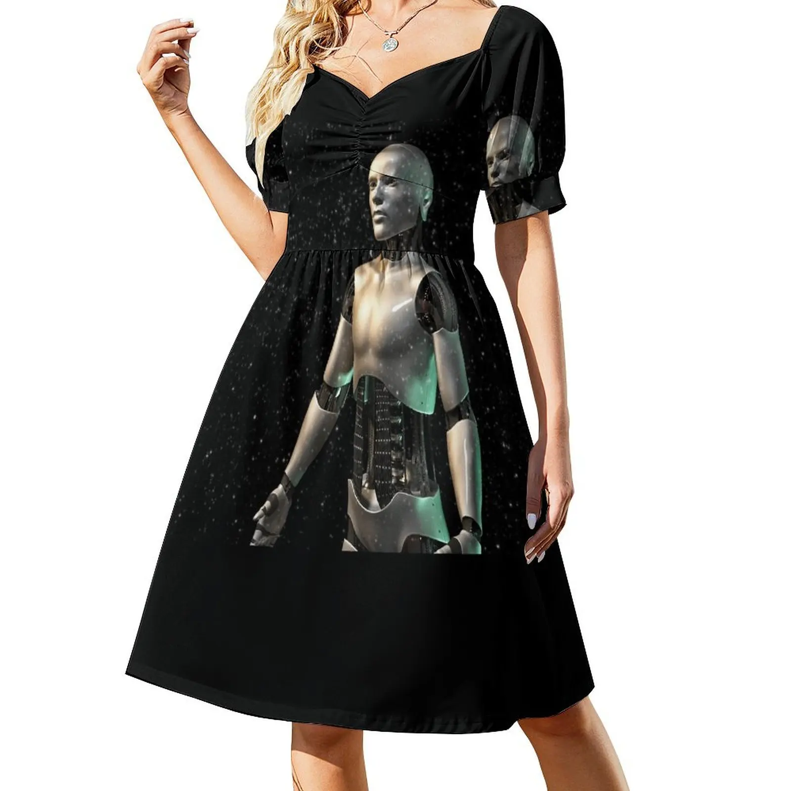 futuristic robot, shiny android man surrounded by glittery dust Short Sleeved Dress party dress women elegant luxury Dress