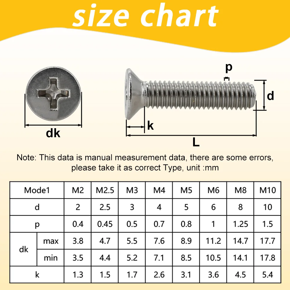 10/20/50/100Pcs M2 M2.5 M3 M3.5 M4 M5 M6 M8 304 Stainless Steel Cross Phillips Countersunk Head Screw for Wood Working Furniture