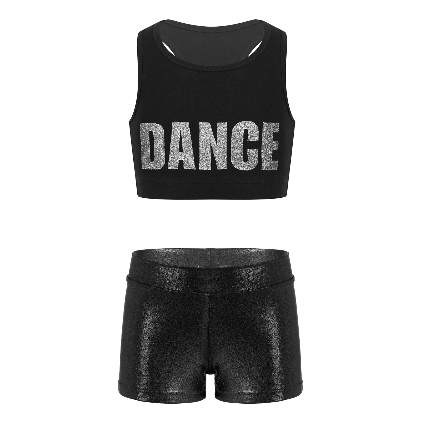 Children Ballet Gymnastics Outfit Girls Shiny Dancewear Kids Sleeveless Racerback Crop Top + Metallic Shorts Jazz Hiphop Costume