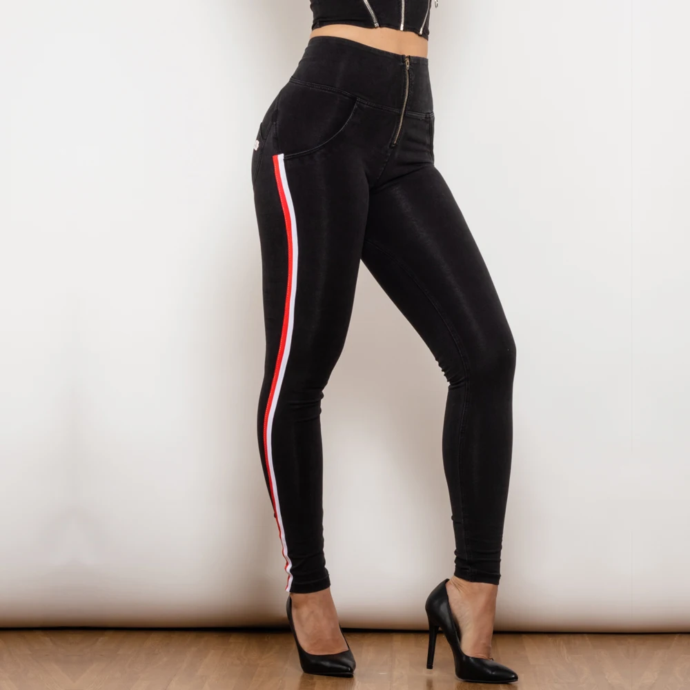Shascullfites メロディー レディース ペンシル ジーンズ リフト ストライプ ストレッチ ジーンズ 女性用 バット リフト パンツ ブラック デニム ジェギンス