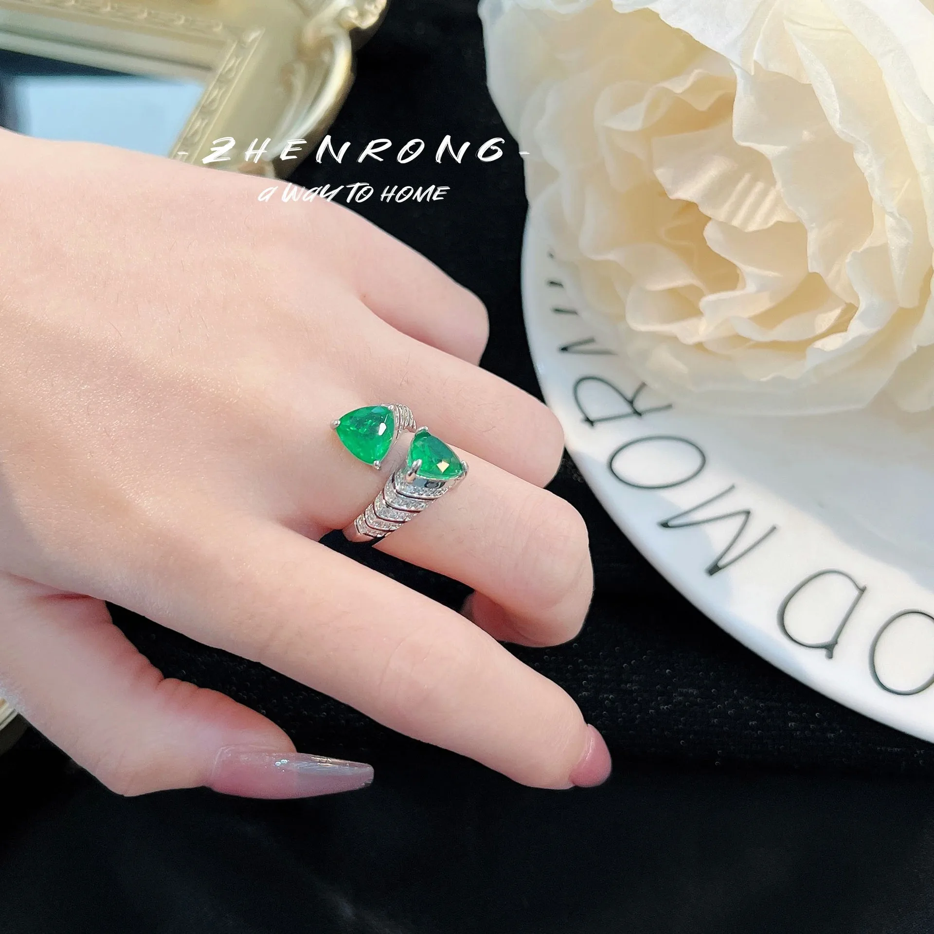 S925 Sterling Silver Bracelet Premium Cotton Emerald Open Ring Stud Earrings Set Women