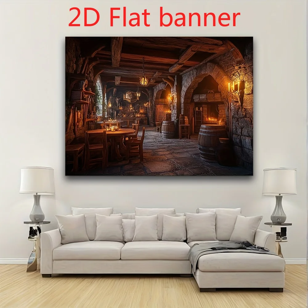 2D Flat,Medieval Tavern Stone Arch Fireplace Tapestry Fantasy RPG Wall Art Man Cave Decor Cozy Dungeon Interior Background Print - view 2