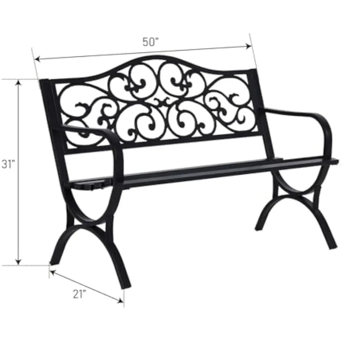 Outdoor Iron Bench Pair 50 Inch Wide Antique Black Design with Floral Backrest Curved Arms Sloped Support Sturdy Garden Patio Se