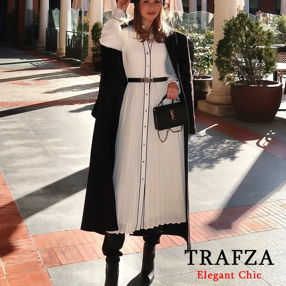 TRAFZA-ผู้หญิงElegantจีบเสื้อชุดเข็มขัดMidiชุดใหม่ 2025 ฤดูใบไม้ผลิฤดูใบไม้ร่วงแฟชั่นParty Date Commuterชุดยาว