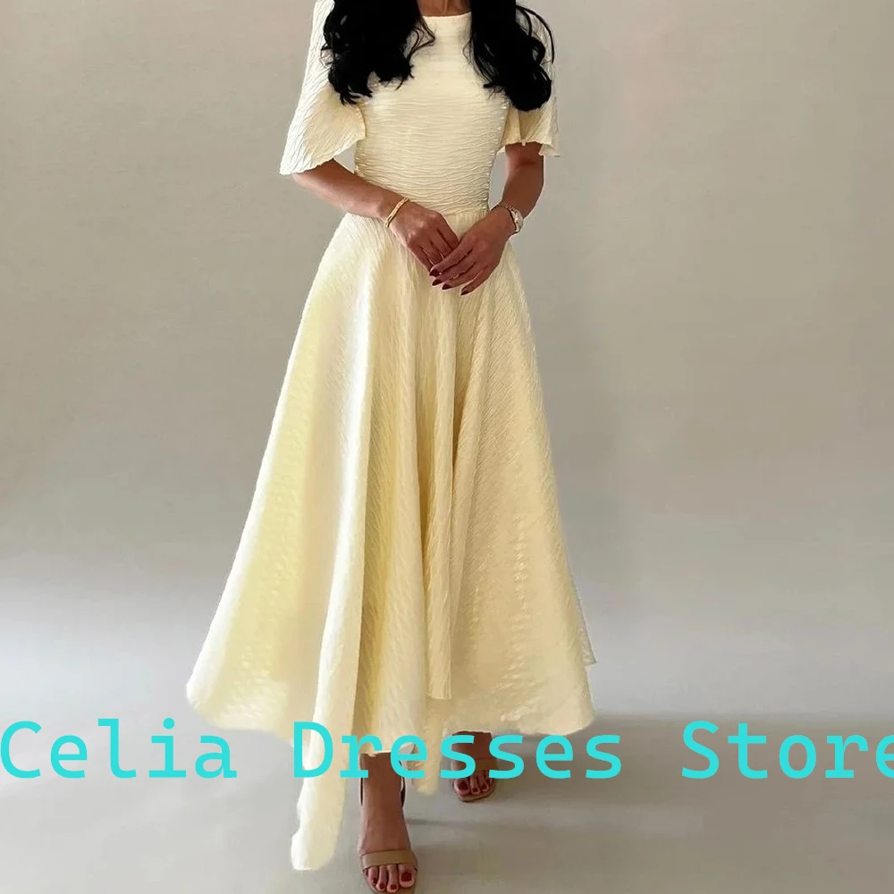 Robe de Soirée Trapèze à Manches Courtes et Col Rond, en Jersey, Longueur de Rinçage, Plis de Documents Solides, sur Mesure, pour Formel, 2024