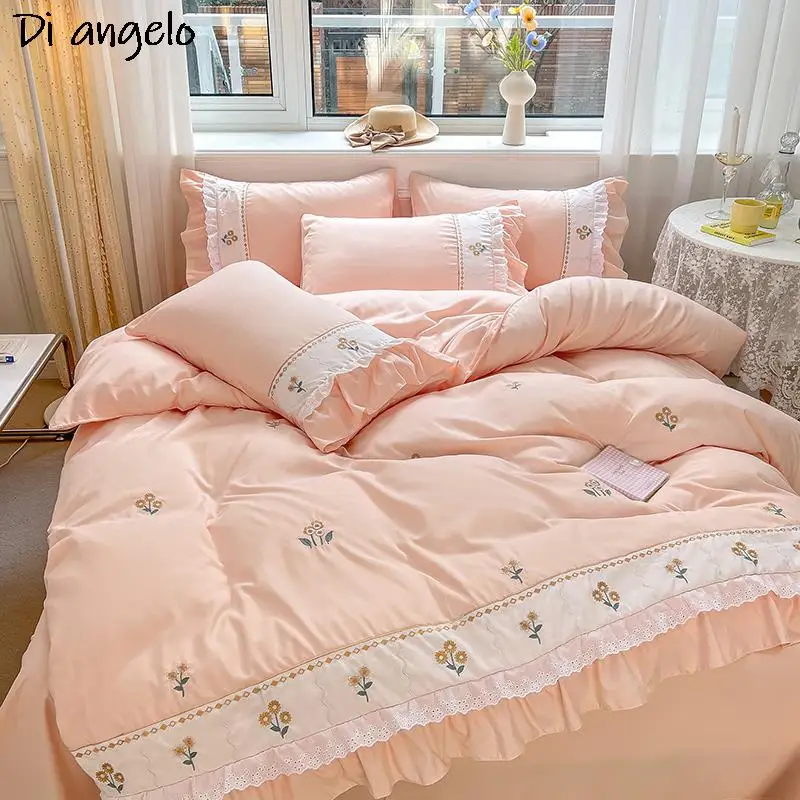 Embroidered Pink Lace Bedding Set, Duvet Cover Set, Bed Linen, Flat Sheet, Pillowcases, Princess Collection, Wedding Gifts, #/L