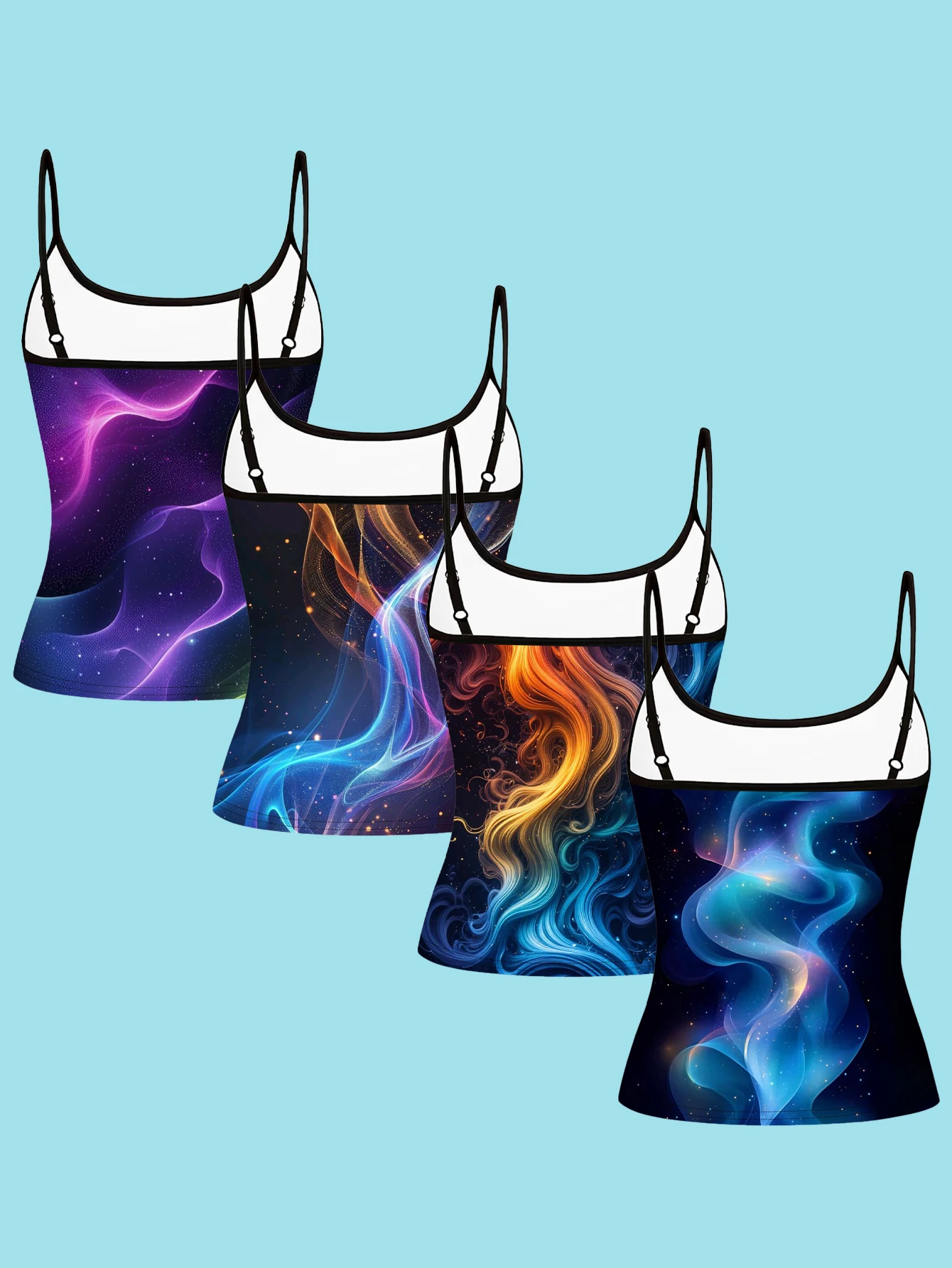 4-Piece Set of Women's Black Neon Fluid Nebula Print Camisoles with Cyber-Iridescent Light and Smoke Effect, Slim-Fit Spaghetti Strap Inner Tops