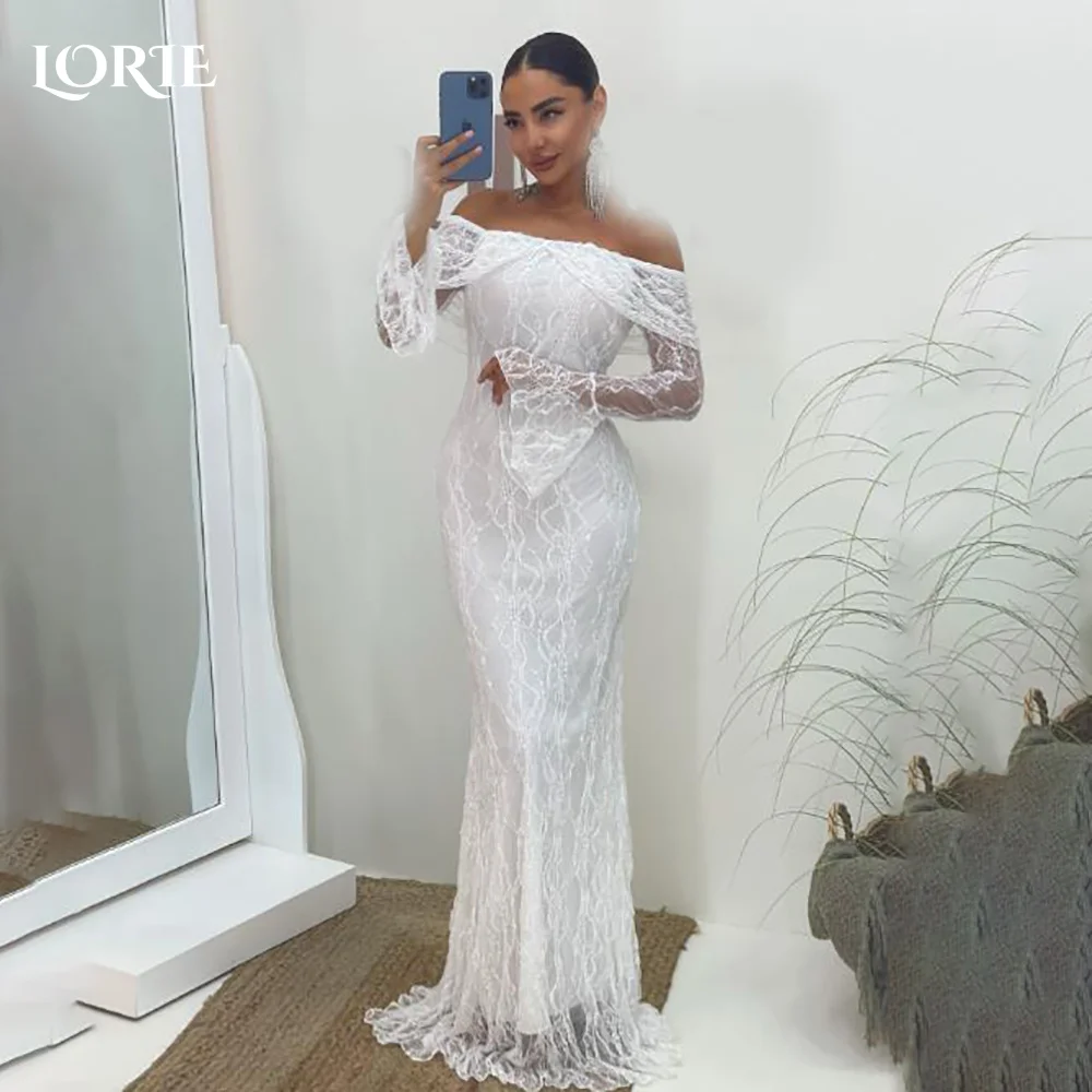 

LORIE Vintage Lace Wedding Dresses Off Shoulder Puff Long Sleeve Mermaid Bridal Gown Appliques Muslim Bride Dress Customized