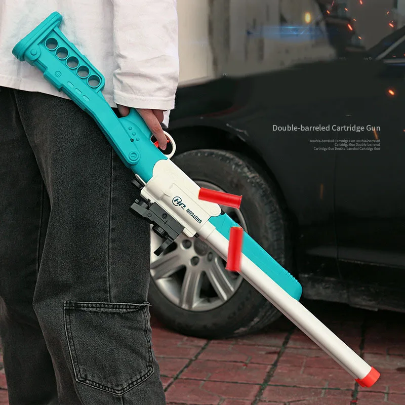 Double Barrel Toy Shotgun-Blue Projectile Soft Shell Gun Manual Launcher Toy Gun (US Stock)