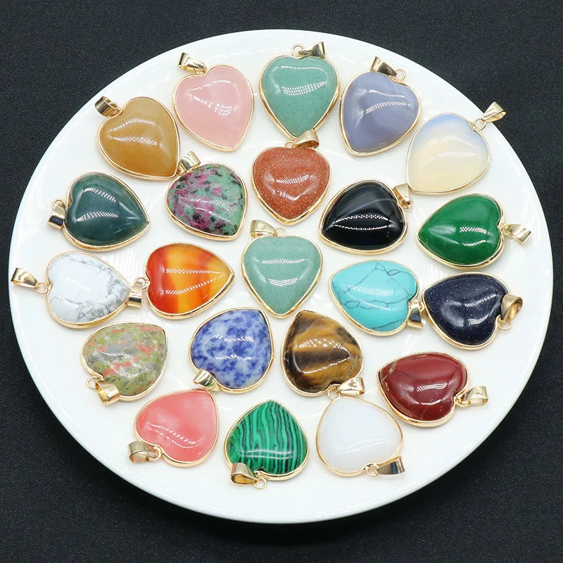 8 pcs/lot Natural Crystal Stone Edged Heart Pendants Amethyst Rose Quartz Charms for Diy Earrings Necklace Jewelry Making