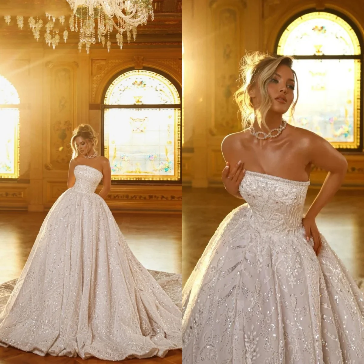 

Elegant A Line Women Wedding Dress Strapless Sleeveless Bridal Gowns Sequins Lace Pearls Sweep Train Dress Custom Made vestidos