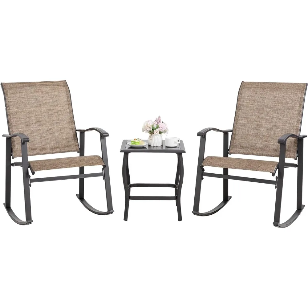 

Outdoor Furniture with Rocker Chairs and Glass coffee table set of 3, Balcony, Porch Furniture for Small Space, Brown