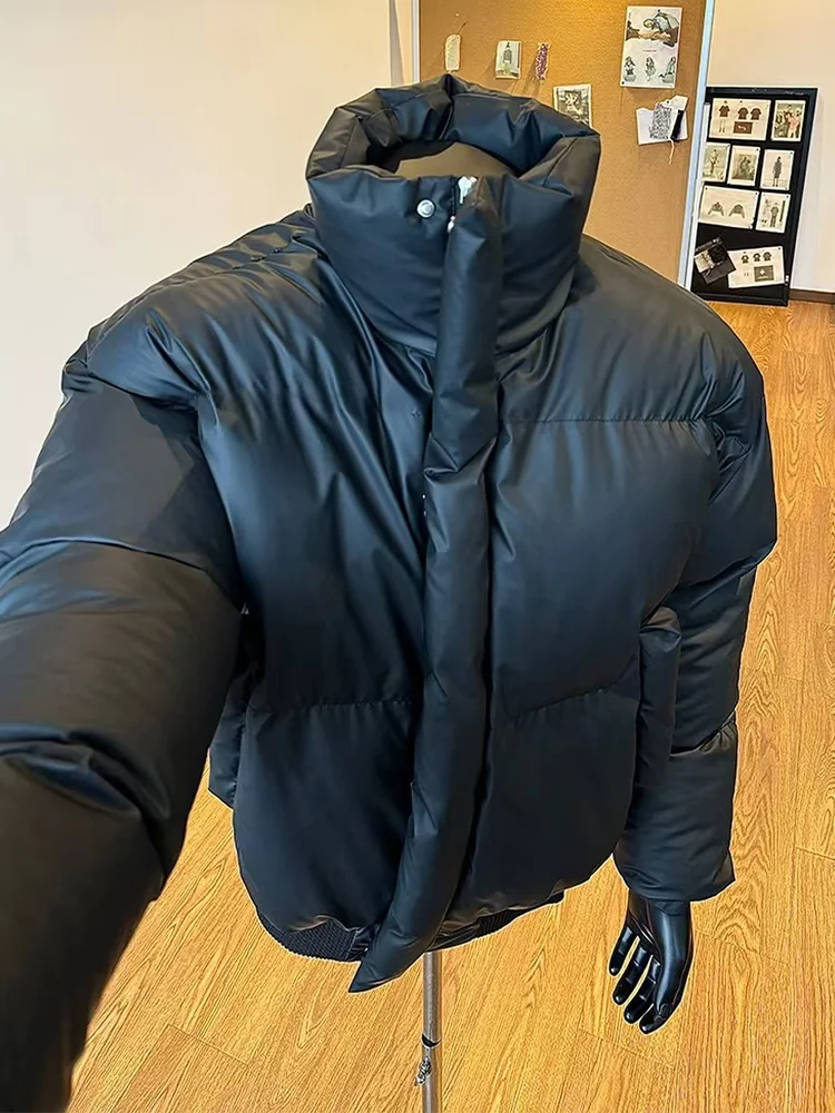 

Cleanfit Men's ort PU Leather down Cotton Jaet Thi Warm Winter Coat Bread Sle Casual Stand Fit Long Sve Coat