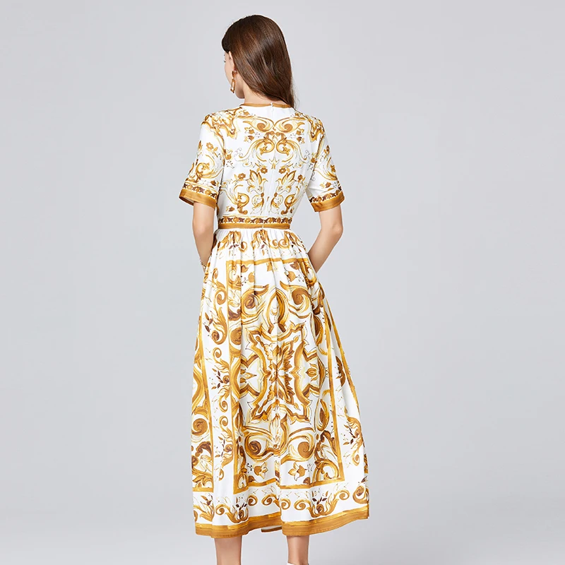 Vestido feminino estampado em porcelana, manga curta, cintura alta, vestido longo de férias, passarela estilista, amarelo azul e branco, moda verão