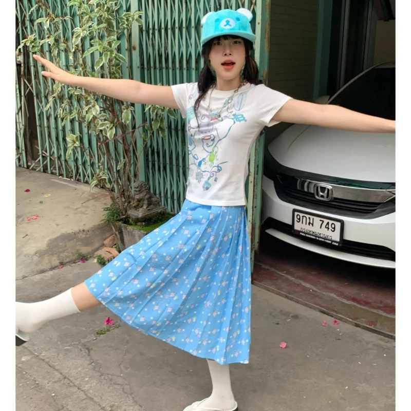 الصيف الضوء الأزرق الحيوان طباعة البولكا نقطة المرأة متوسطة طويلة مطوي تنورة اليابانية الحلو تنوعا الحد من العمر التنانير السيدات