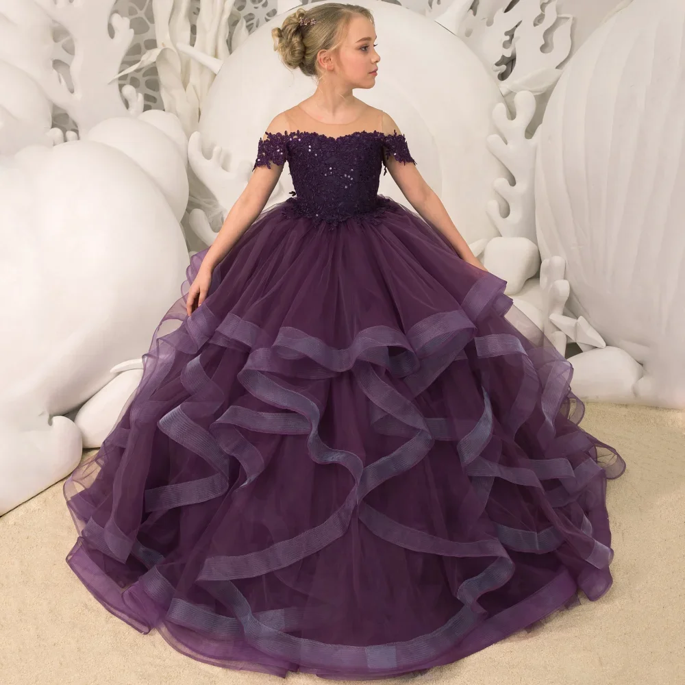 

Kids Princess Dress Girls Off Shoulder Ball Gown Layered Tulle Skirt Sequined Top Formal Party Outfit Pageant Costume Elegant E