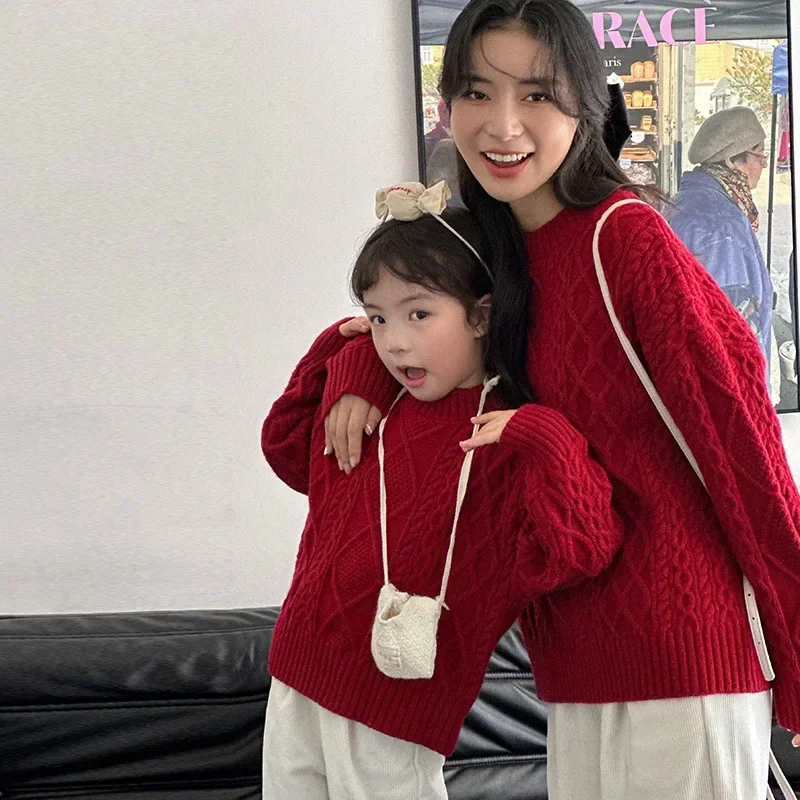 Family Warm New Year Sweater Winter Parent-child Christmas Knitted Red Jumper Father Mother and Daughter Son Matching Clothes