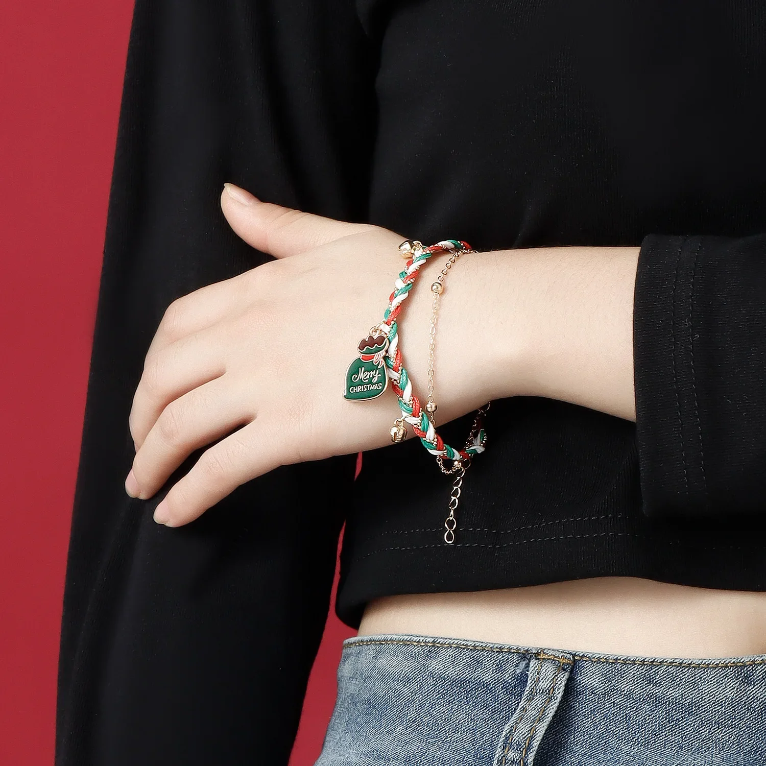 New Fashion Trend Christmas Bracelet  Hand Woven Chain Santa Hat Tag Multicoloured Splicing Double Hand Ornaments Christmas Gift