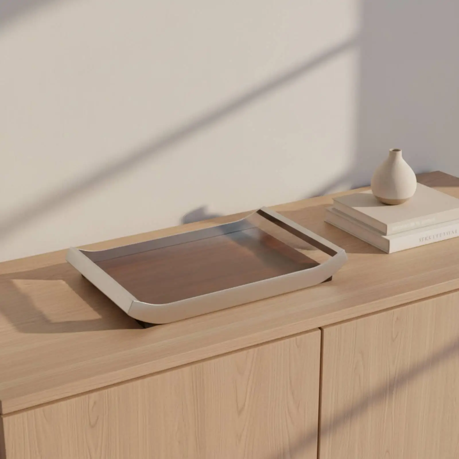 Decorative Tray with Handles Square Wood and Metal Tray Smooth for Vanity