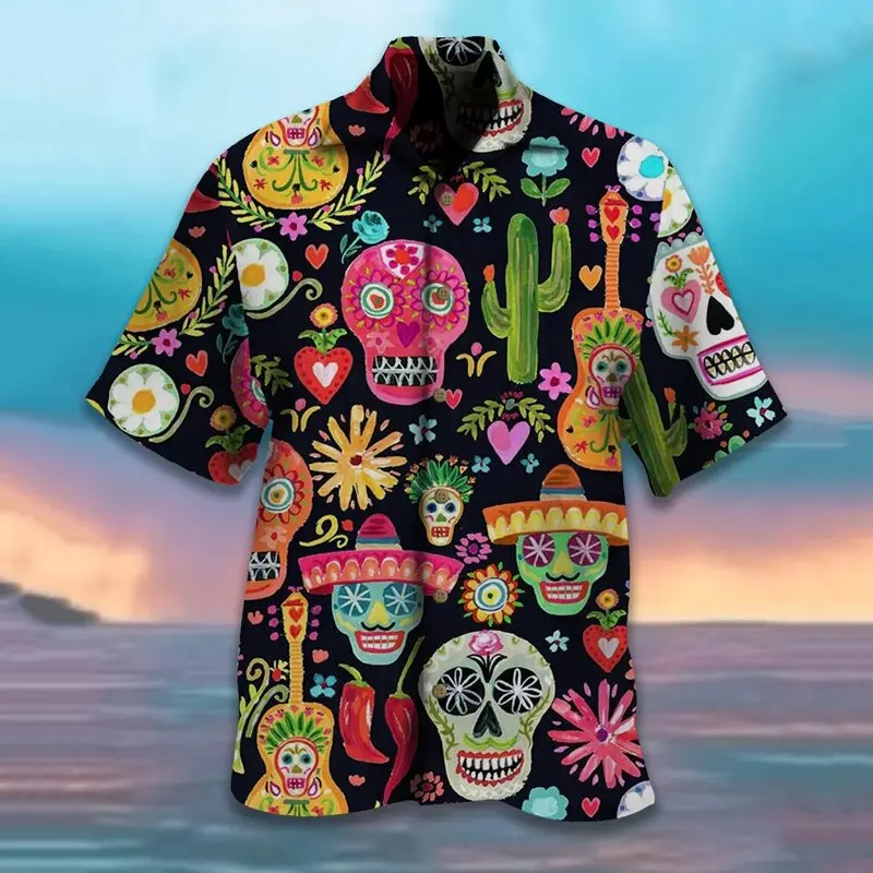 2023 Men\'s Summer Hawaiian Shirts 3d Skull Men\'s Shirt  Casual Short Sleeves Loose Casual Fashion Short Sleeve Tops Male Clothes