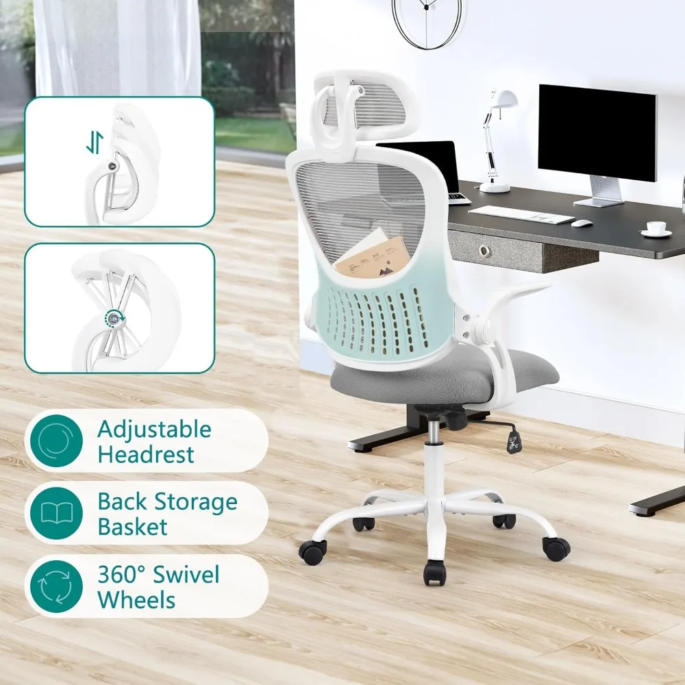 Silla ergonómica de escritorio para ordenador de oficina, asiento de trabajo rodante de malla de espalda alta con ruedas y reposacabezas ajustables, cómoda