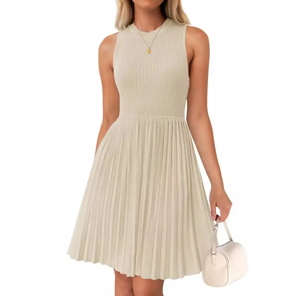 Sukienka damska bez rękawów z okrągłym dekoltem, jednolita, letnia, nowy styl, europejsko-amerykańska, słodka, plisowana spódnica.