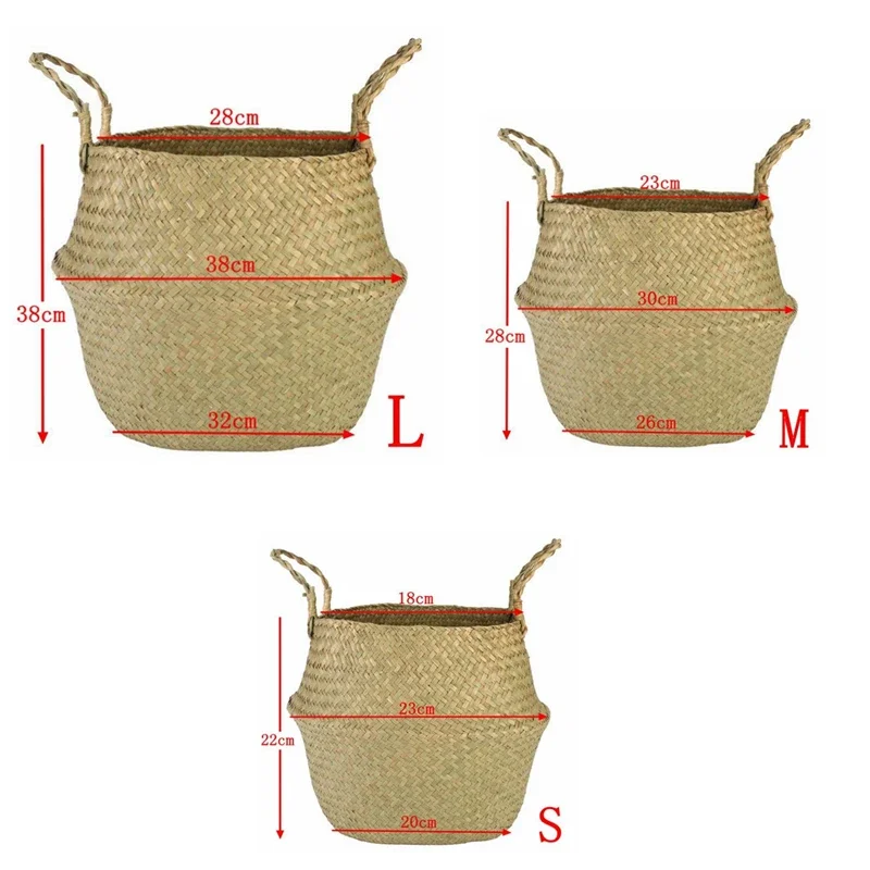 Handmade Bamboo Storage Baskets Foldable Laundry Straw Patchwork Wicker Rattan Seagrass Belly Garden Flower Pot Planter Basket