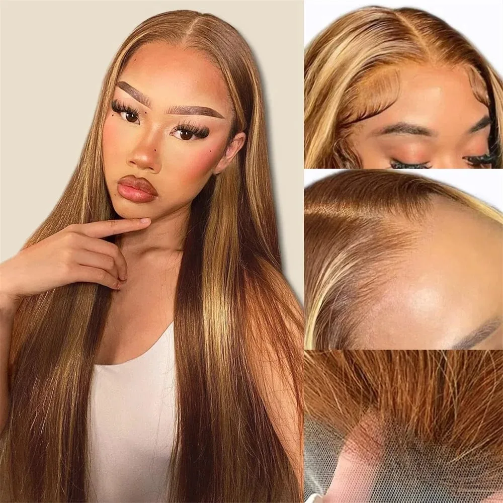 Highlight Lace Front Wigs Human Hair Pre Plucked Straight With Baby Hair 13X4 13X6 HD 4/27 Colored Wigs For Woman 180% Density