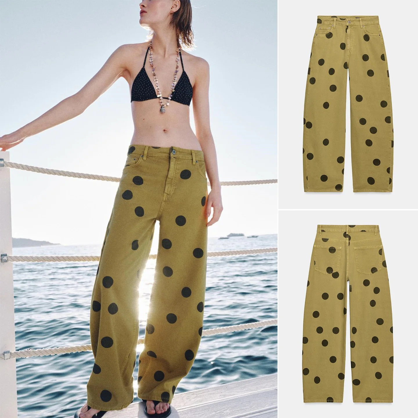 

Summer New Women's Long Button Zipper Denim Pants Wide Leg Natural Waist Polyester Fiber Polka Dot Decorated Barrel Shaped