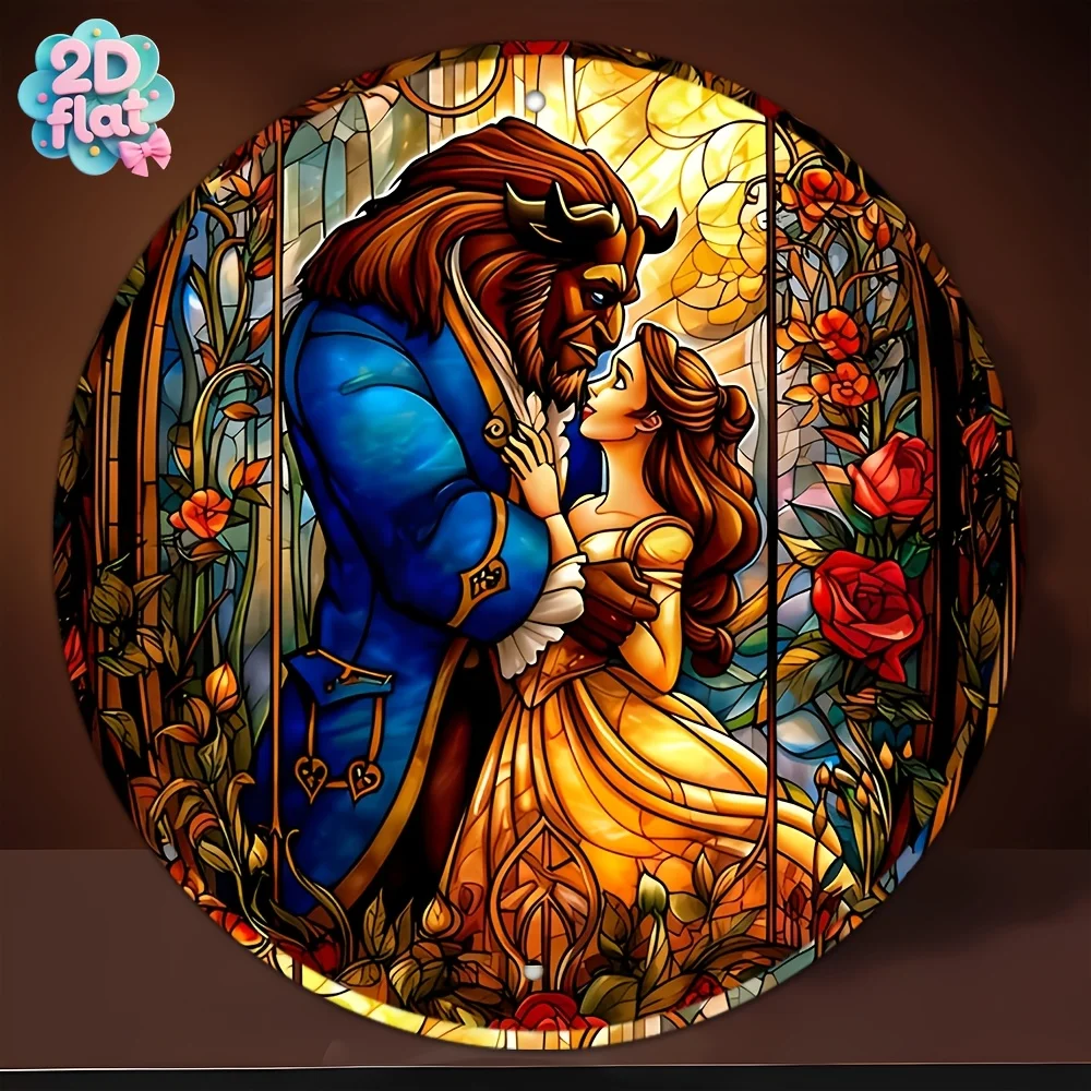 Arte de pared redondo de Metal de La Bella y La Bestia, letrero de aluminio de inspiración Vintage con diseño de Bella y La Bestia, efecto vidrieras, 1 ud.