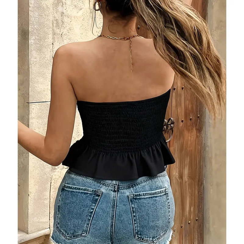 New Fashion Women Summer Vest Top Printed Elastic Bust Strapless Hollow Out Back Tops